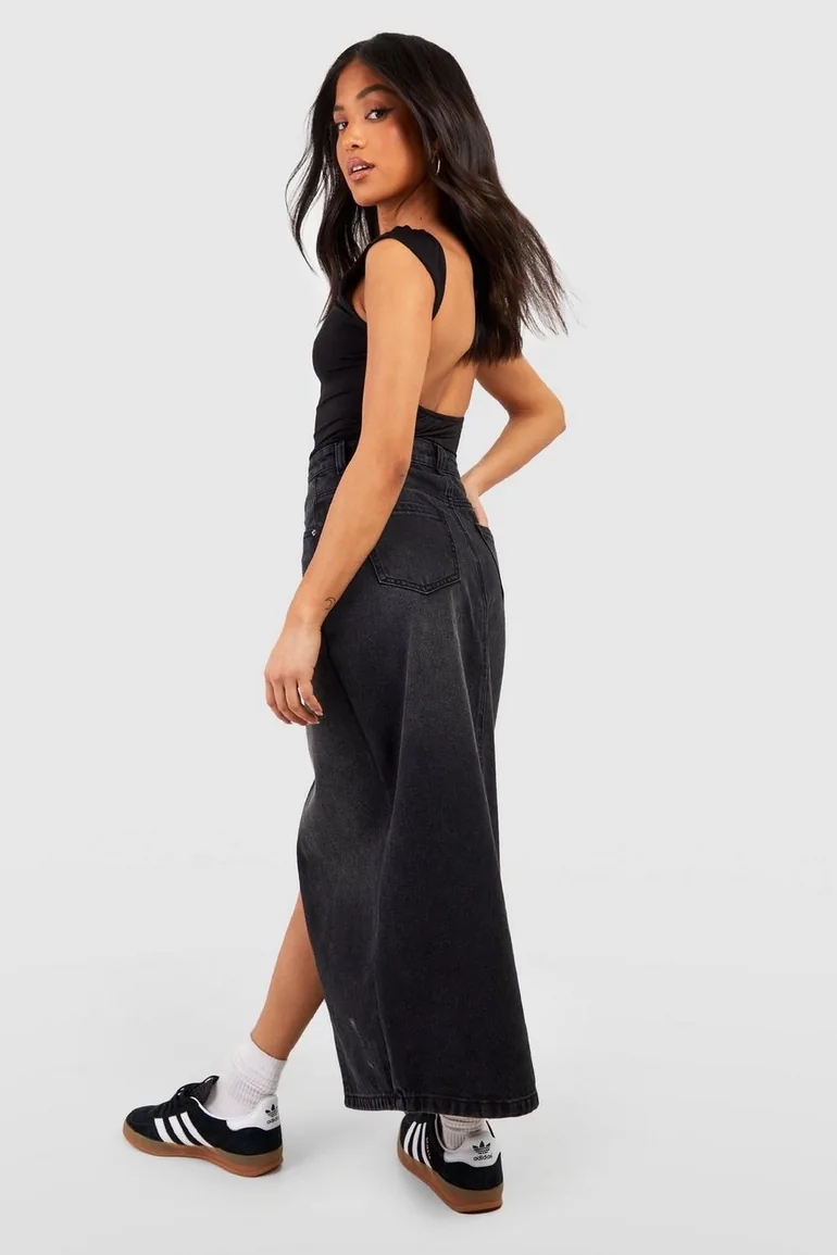 Petite Split Front Denim Maxi Skirt - black - 1