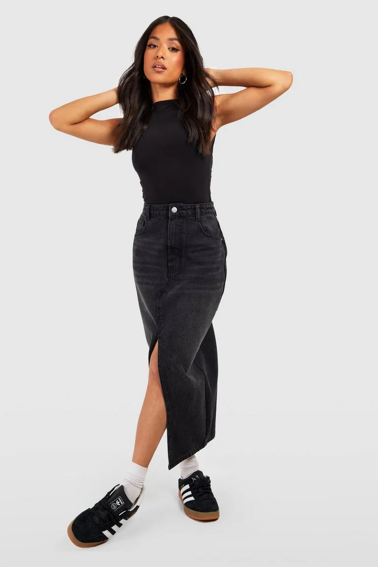 Petite Split Front Denim Maxi Skirt - black - 2