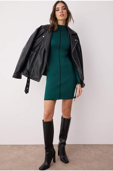 Dark Green Mini Color Block Fitted Knit Dress