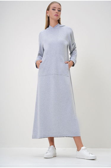 Women's Gray Hooded Kangru Pocket Double Yarn Maxi Dress