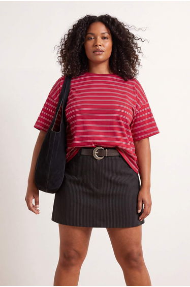 Burgundy Striped Boxy/Relaxed Fit Short Sleeve Cotton Blend Knitted T-Shirt