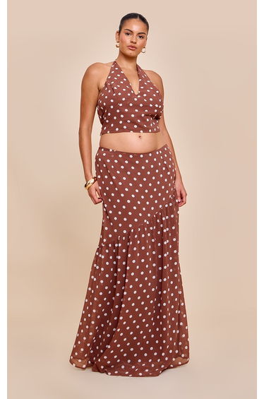 Plus Chocolate Polka Dot Halterneck Chiffon Top