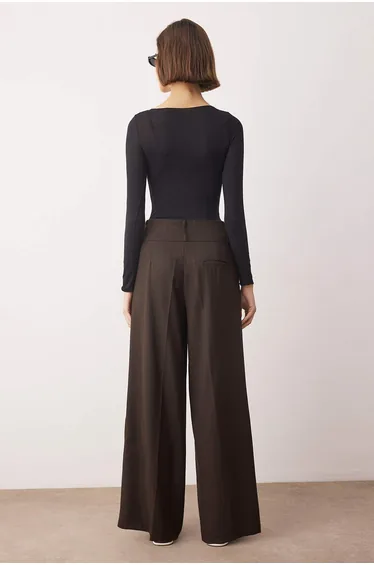 Brown striped waist detailed woven pants