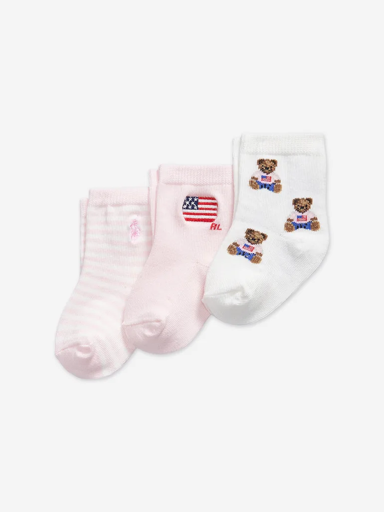 مجموعة جوارب أطفال بناتي بنقشة دبدوب عدد 3 - زهري