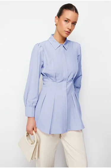 Blue Waist-Sit Pearl Detailed Woven Shirt