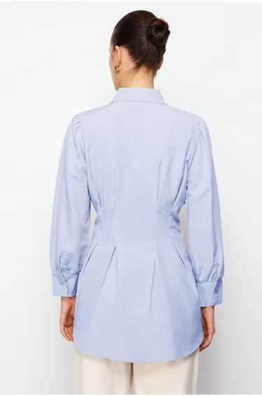 Blue Waist-Sit Pearl Detailed Woven Shirt