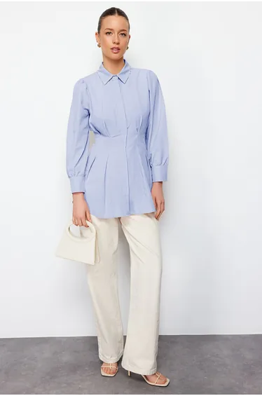 Blue Waist-Sit Pearl Detailed Woven Shirt