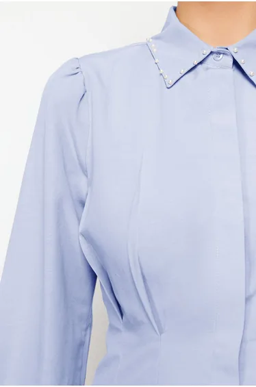 Blue Waist-Sit Pearl Detailed Woven Shirt