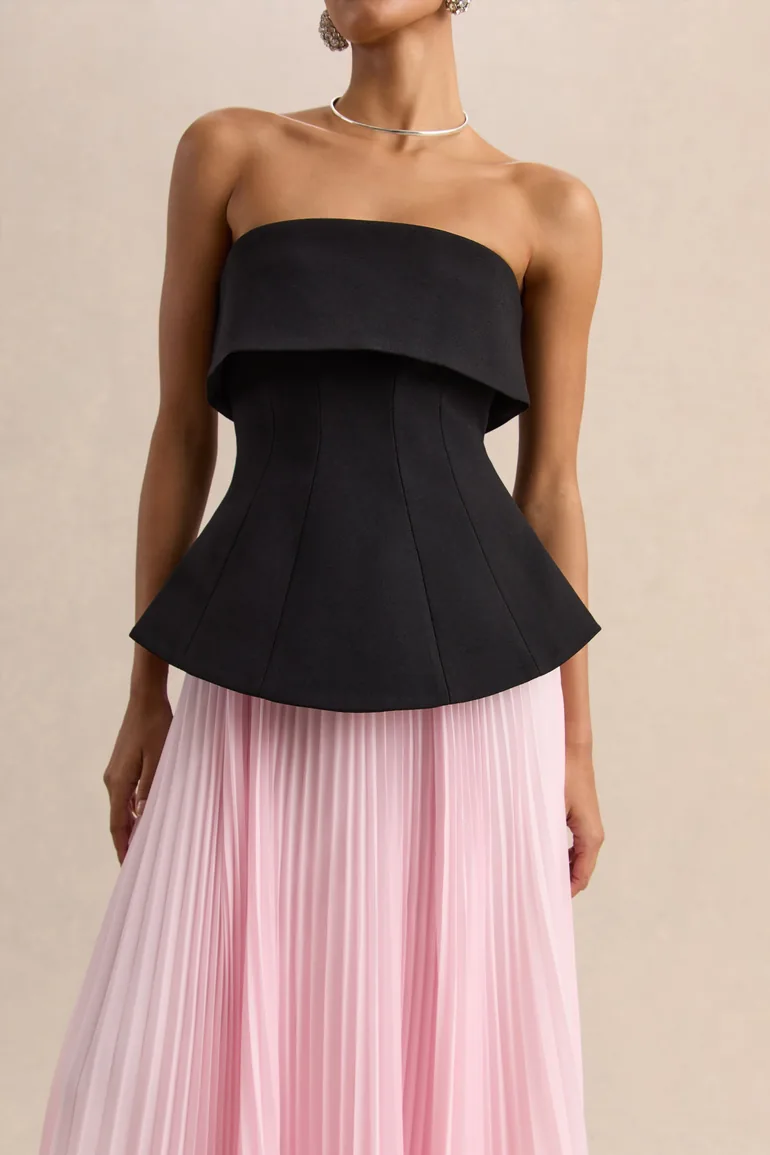 Stellara | Black & Pink Bandeau Corset Maxi Dress With Sheer Skirt - 2