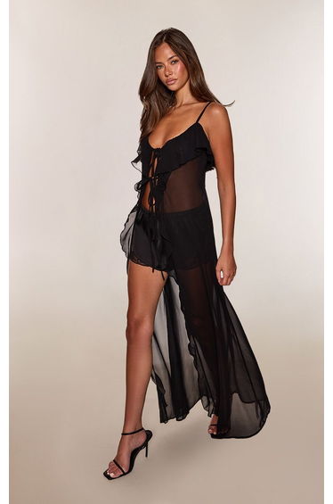 Black Chiffon Extreme Longline Ruffle Cami