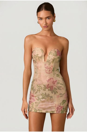 Embellished Sweetheart-Neck A-Line Mini Dress in Rose Hotfix