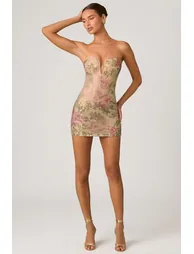 Embellished Sweetheart-Neck A-Line Mini Dress in Rose Hotfix - 3