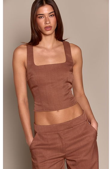 Brown Woven Square Neck Fitted Top
