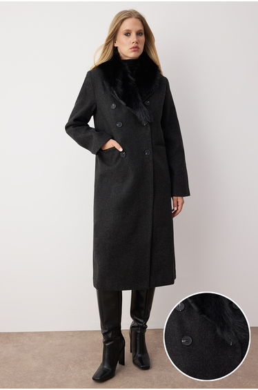 Anthracite Fur Collar Diagonal Double Breasted Oversize Long Cashmere Coat