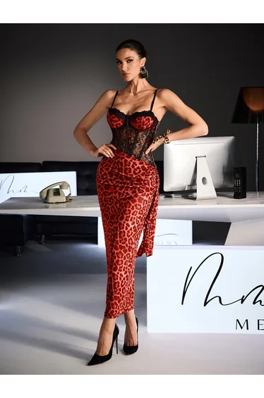 Xanriel Spaghetti Leopard Lace Maxi Dress In Red