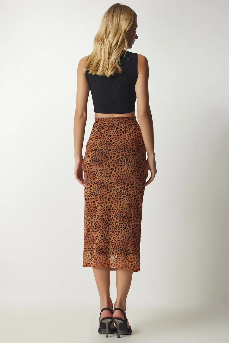 Women's Orange Patterned Pleated Chiffon Skirt - 6