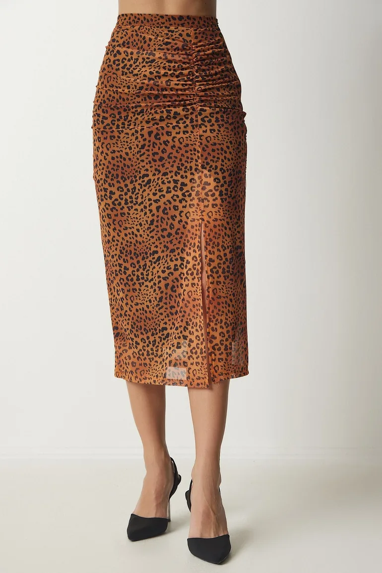 Women's Orange Patterned Pleated Chiffon Skirt - 4