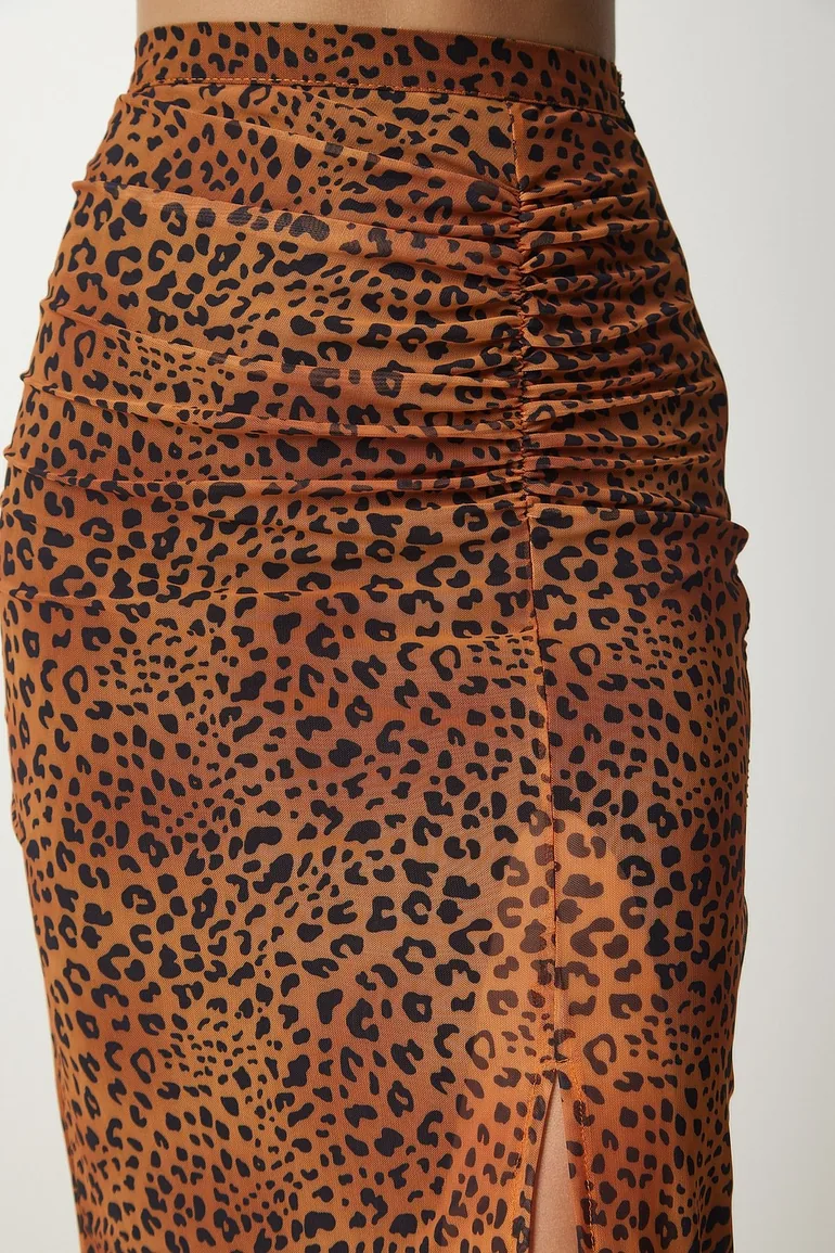 Women's Orange Patterned Pleated Chiffon Skirt - 5