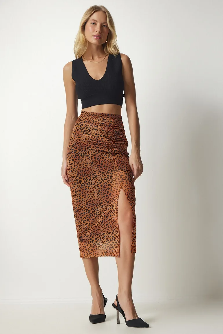 Women's Orange Patterned Pleated Chiffon Skirt