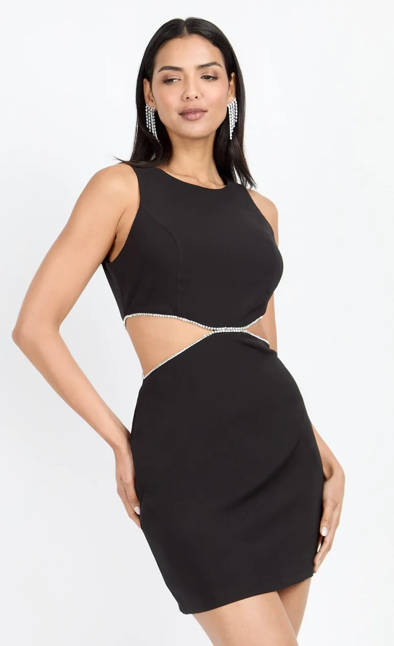 Black Diamanté Cut-Out Mini Dress by Chloe Lewis - 1