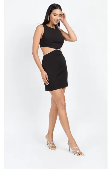 Black Diamanté Cut-Out Mini Dress by Chloe Lewis