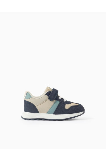 Combined trainers with touch-fastening strap for baby boys, beige/blue