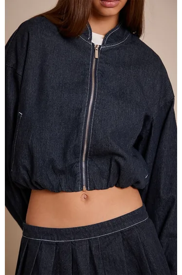 Indigo Bubble Hem Cropped Denim Bomber Jacket