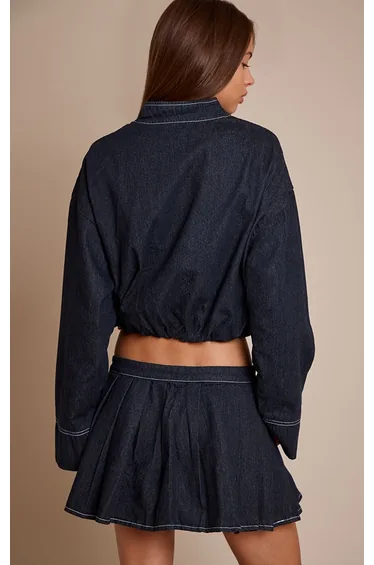 Indigo Bubble Hem Cropped Denim Bomber Jacket