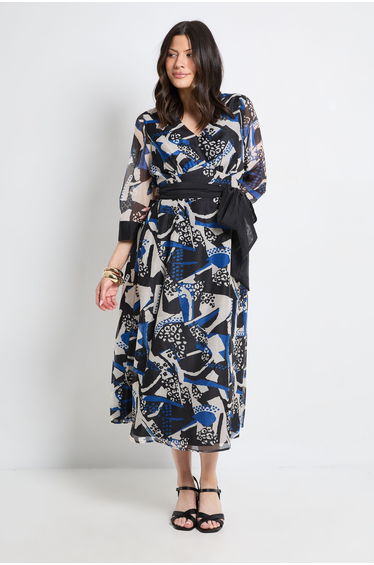 Mix Print Organza Belted Midi Dress