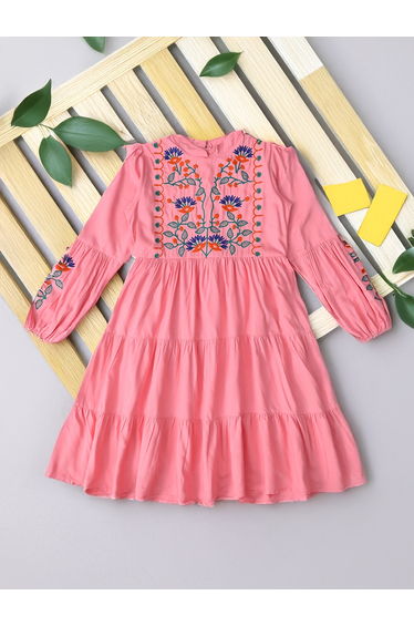 Embroidered Tiered Knee-Length Dress