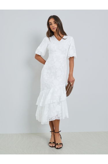 White Jacquard Mermaid Hem Midi Dress