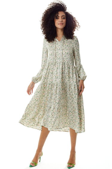 Women's Midi Dress in Floral Print with Long Sleeves and Tie Neck.