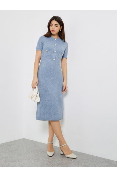 Blue Knit Midi Dress with Button Detail