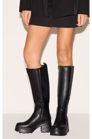 Black Pu Chunky Chelsea Heeled Knee High Boots