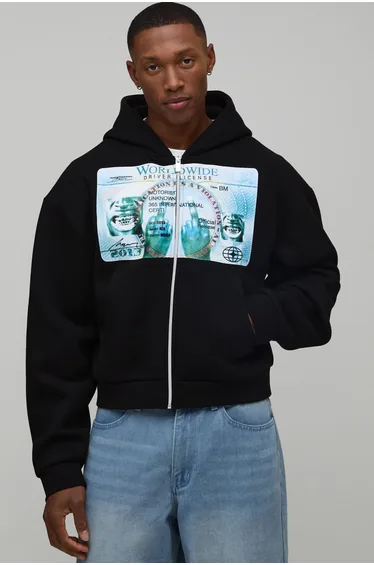 Shrunken Fit Washed Licence Graphic Zip Through Hoodie - black