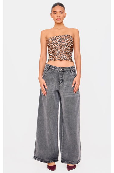 Brown Faux Leather Leopard Print Studded Crop Corset