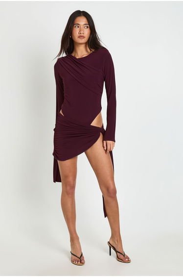 Double Layer Slinky Drape Detail Mini Skirt - plum