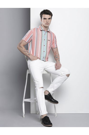Men Pink Striped Short Sleeve Shirt