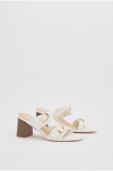 Axel Faux Leather Buckle Detail Block Heel Mules