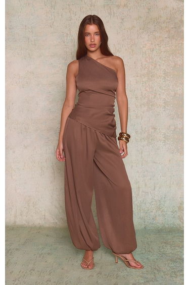 Mocha Woven One Shoulder Top Co-ord