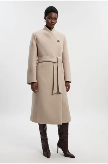 Wool Wrap Neck Tailored Belted Midi Coat