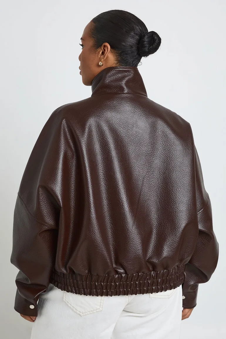 Plus Pebbled Faux Leather Funnel Neck Bomber Jacket - burgundy - 1