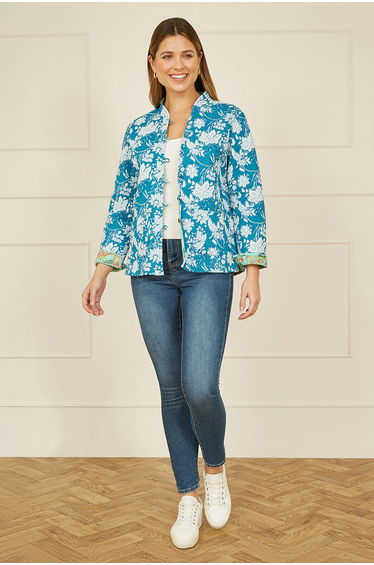 Yumi Teal Floral Reversible Cotton Quilted Jacket