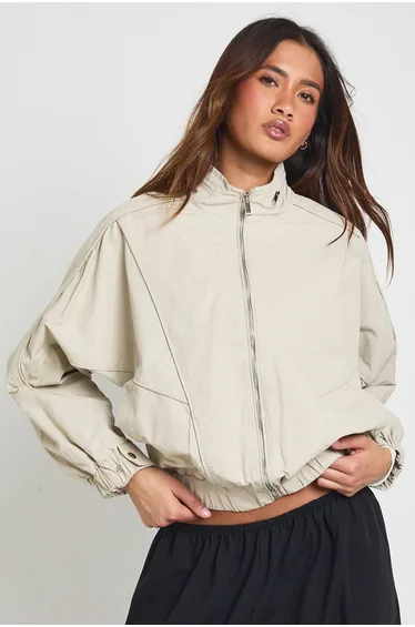 Funnel Neck Elasticated Waist Lightweight Bomber Jacket - light grey