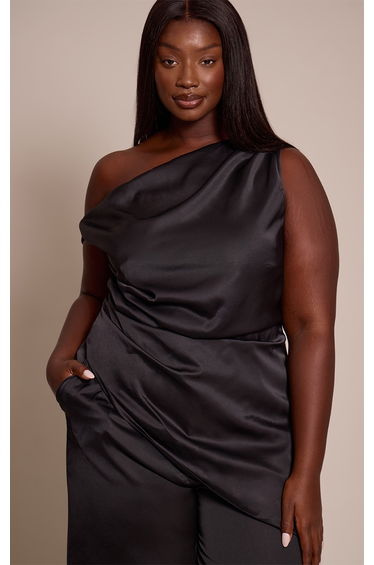 Plus Black Satin Knot Detail Top