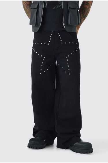 Baggy Fit Rigid Star Studded Jeans - washed black