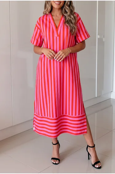 Lvness Red Stripe V Neck Cuffed Sleeve Relaxed Split Midi Dress