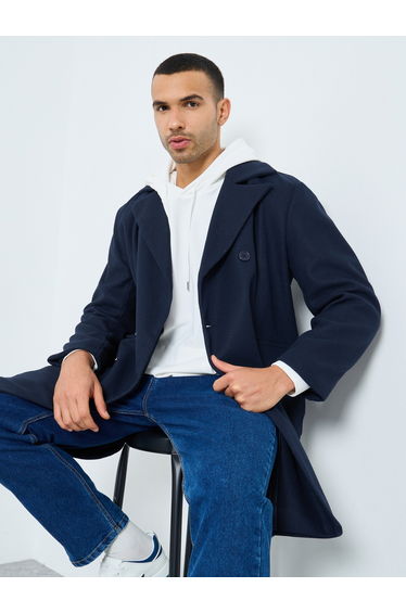 Men Navy Oversized Double Breasted Wool Like Coat