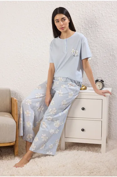 Blue 100% Cotton Floral Buttoned Knitted Pajama Set