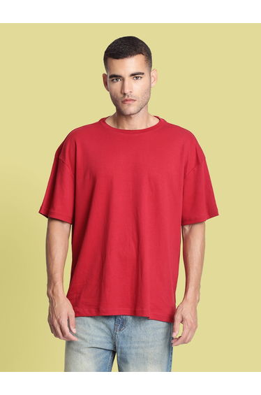 Men Red Oversized Crew Neck T-Shirt
